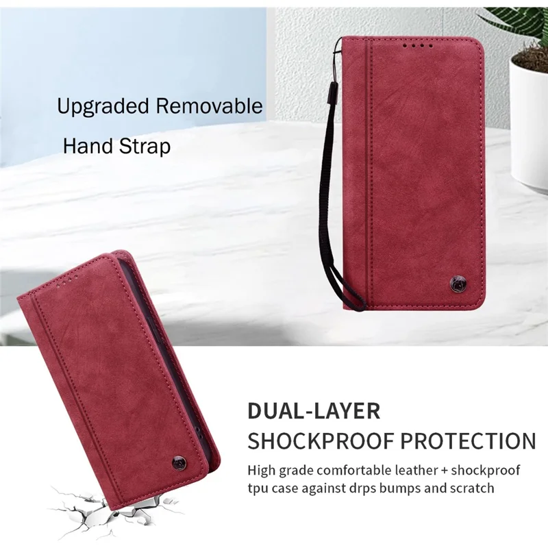 For iPhone 14 Pro Max Case Lines Pattern Wallet Leather Phone Cover with Strap - Red