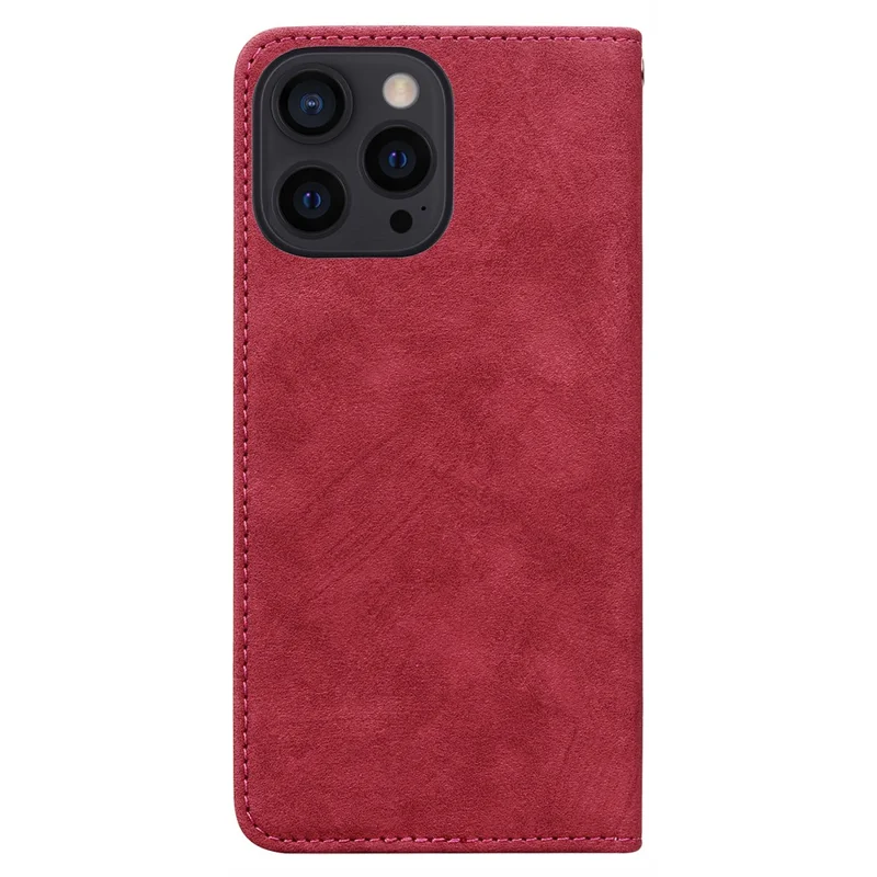 For iPhone 14 Pro Max Case Lines Pattern Wallet Leather Phone Cover with Strap - Red