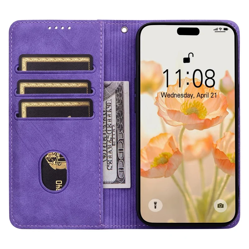 For iPhone 15 Case Lines Pattern Wallet Leather Phone Cover with Strap - Purple