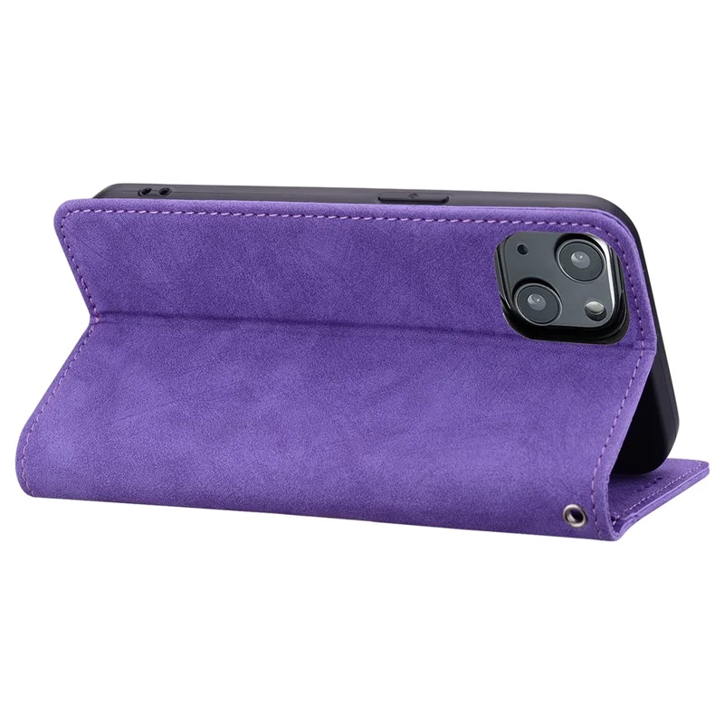 For iPhone 15 Case Lines Pattern Wallet Leather Phone Cover with Strap - Purple