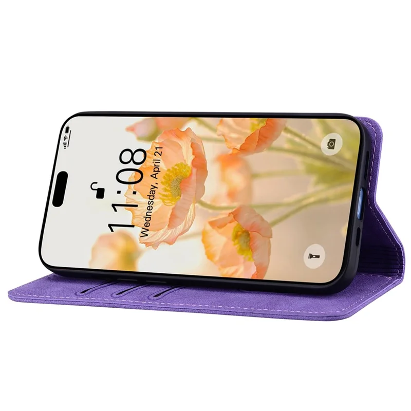 For iPhone 15 Case Lines Pattern Wallet Leather Phone Cover with Strap - Purple