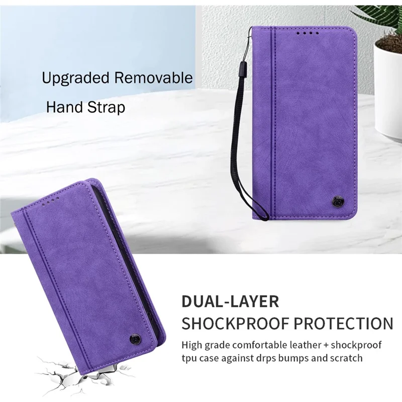 For iPhone 15 Case Lines Pattern Wallet Leather Phone Cover with Strap - Purple