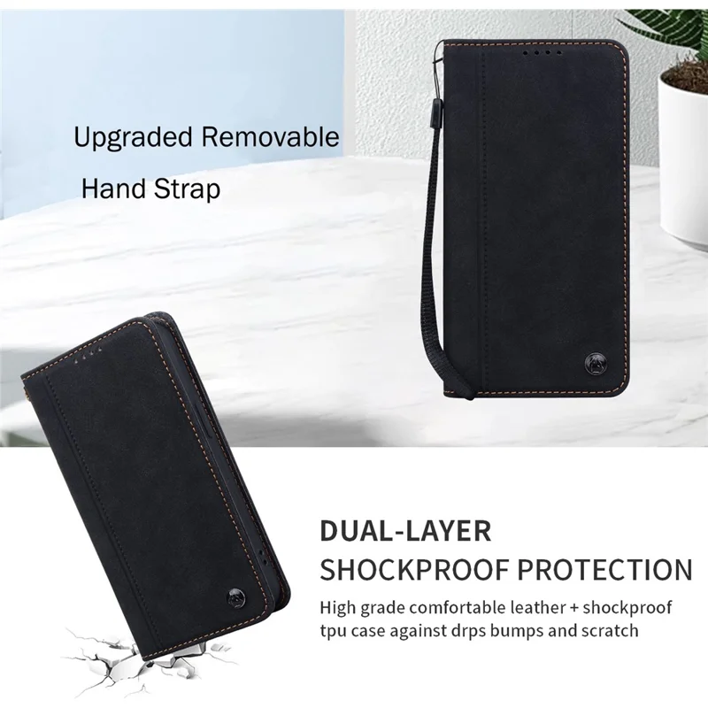 For iPhone 15 Pro Case Lines Pattern Wallet Leather Phone Cover with Strap - Zwart
