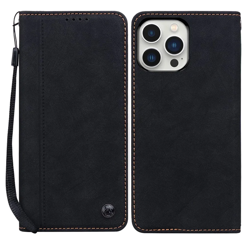 For iPhone 15 Pro Max Case Lines Pattern Wallet Leather Phone Cover with Strap - Zwart