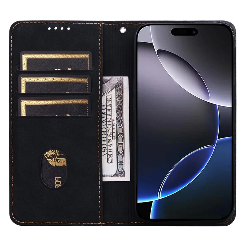 For iPhone 15 Pro Max Case Lines Pattern Wallet Leather Phone Cover with Strap - Zwart