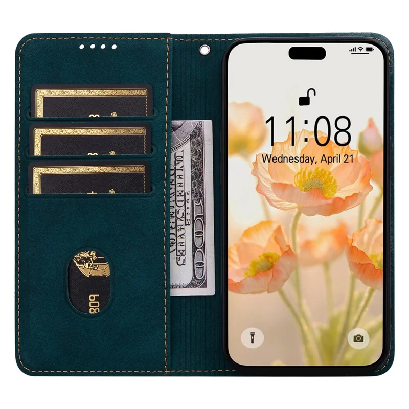 For iPhone 16 Pro Case Lines Pattern Wallet Leather Phone Cover with Strap - Green