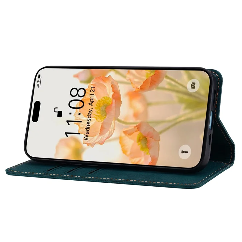 For iPhone 16 Pro Case Lines Pattern Wallet Leather Phone Cover with Strap - Green