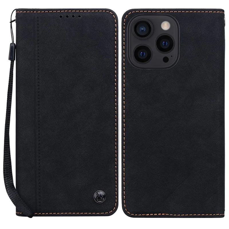 Til iPhone 16 Pro Max Case Linjer Mønster Wallet Læder Telefonbeskyttelse med Snor - Sort