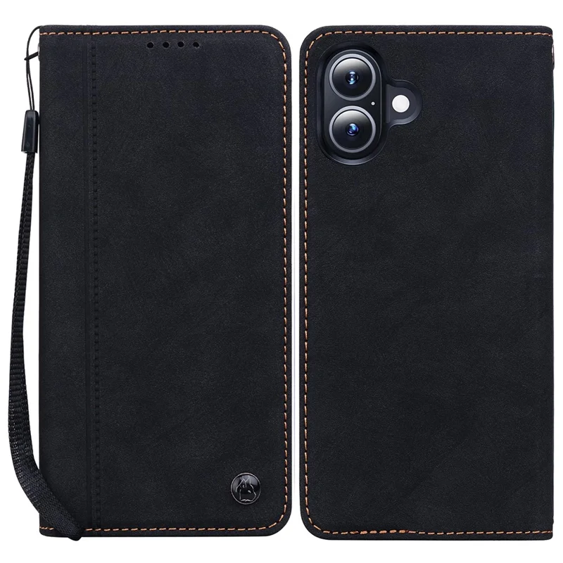 For iPhone 16 Plus Case Lines Pattern Wallet Leather Phone Cover with Strap - Black