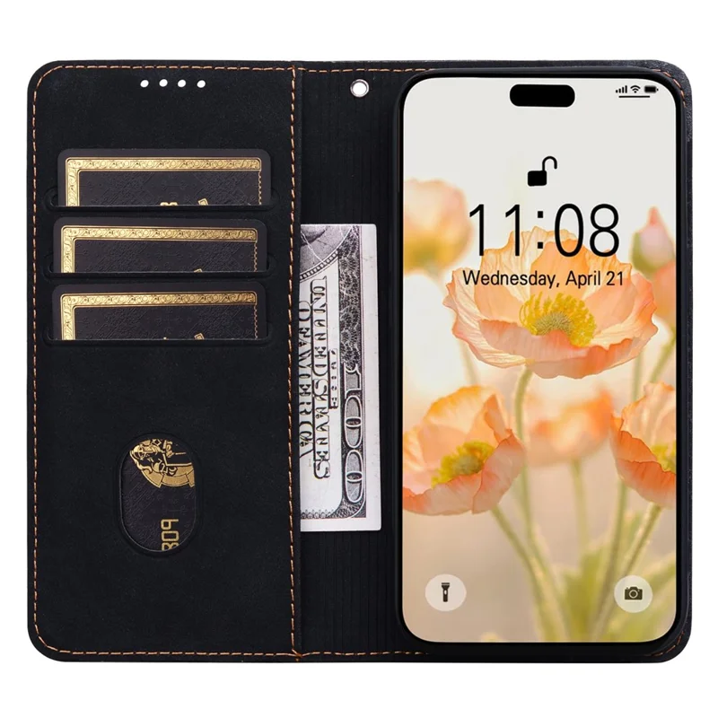 For iPhone 16 Plus Case Lines Pattern Wallet Leather Phone Cover with Strap - Black