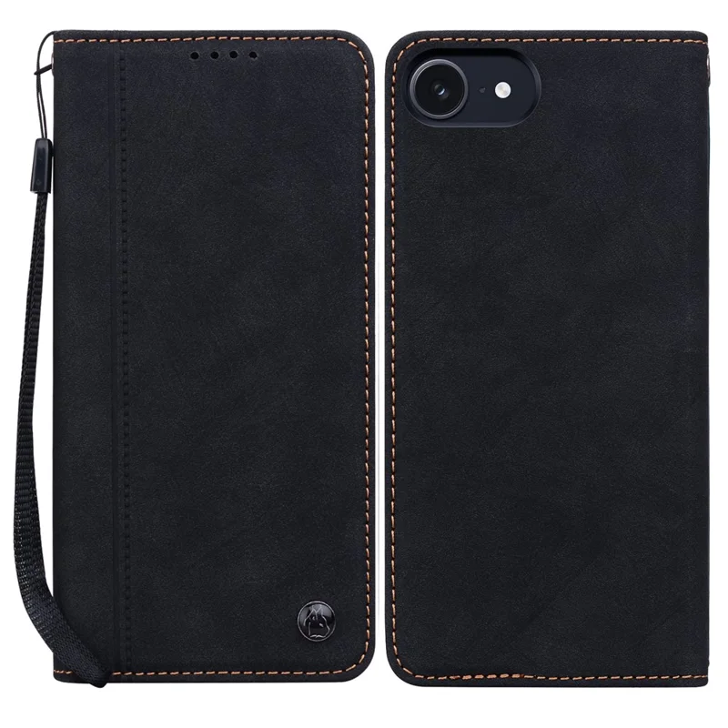 For iPhone 16e Hoesje met Lijnpatroon Portefeuille Leren Telefoonhoes met Bandje - Zwart