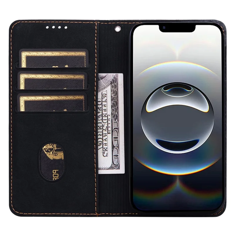 For iPhone 16e Hoesje met Lijnpatroon Portefeuille Leren Telefoonhoes met Bandje - Zwart
