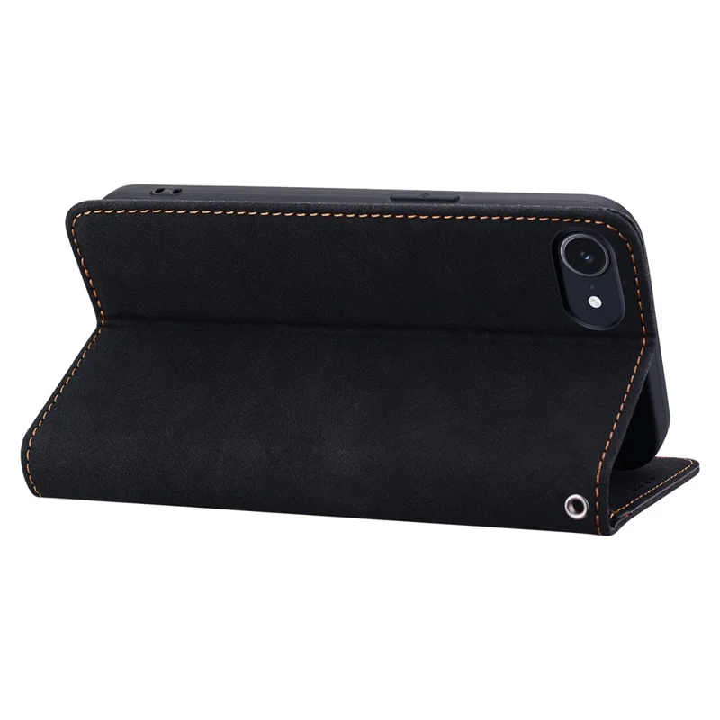 For iPhone 16e Hoesje met Lijnpatroon Portefeuille Leren Telefoonhoes met Bandje - Zwart