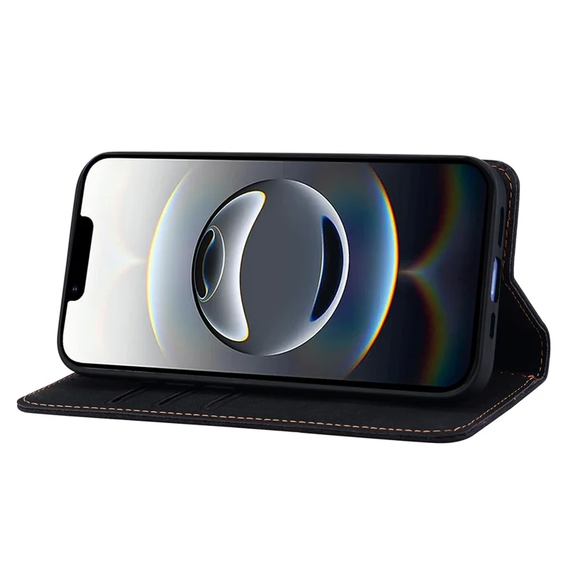 For iPhone 16e Hoesje met Lijnpatroon Portefeuille Leren Telefoonhoes met Bandje - Zwart