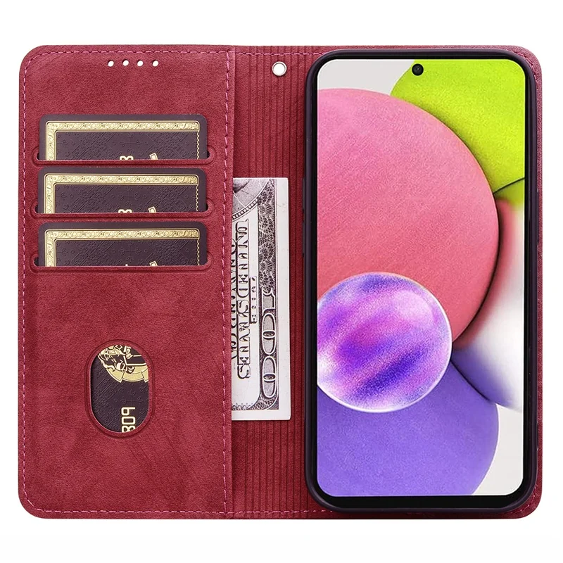 For Samsung Galaxy A15 4G / 5G Case Lines Pattern Wallet Leather Phone Cover with Strap - Red