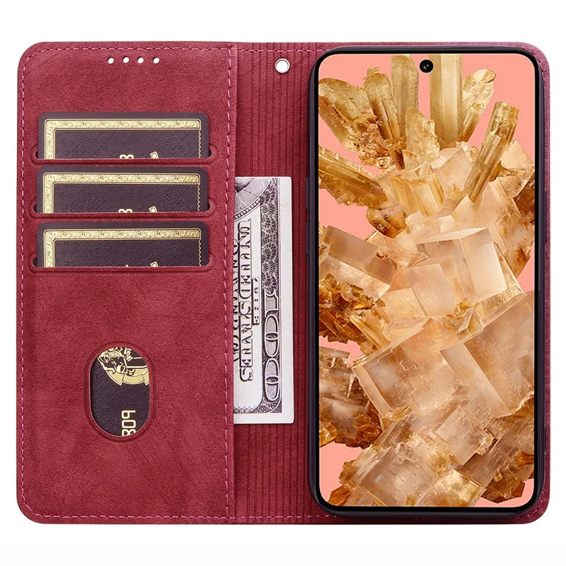 For Google Pixel 8 Case Lines Pattern Wallet Leather Phone Cover with Strap - Red