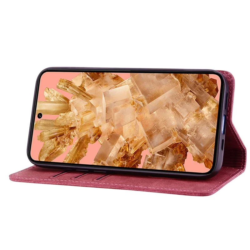 For Google Pixel 8 Case Lines Pattern Wallet Leather Phone Cover with Strap - Red