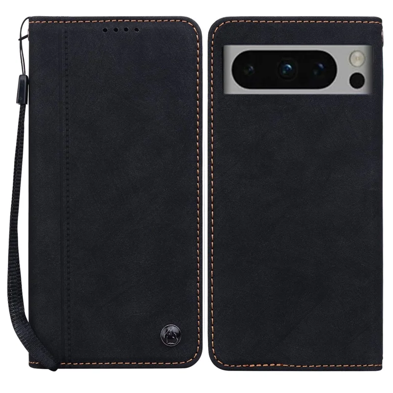 For Google Pixel 8 Pro Case Lines Pattern Wallet Leather Phone Cover with Strap - Black