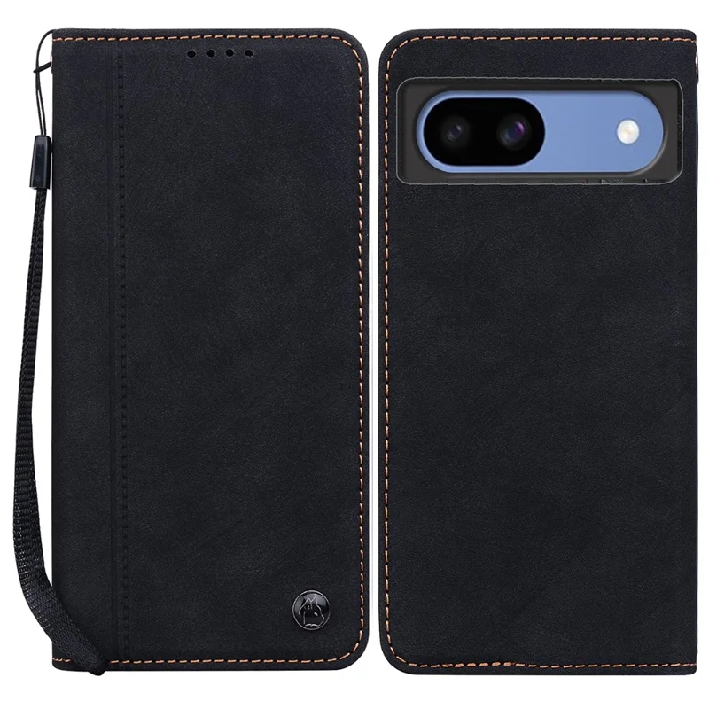 For Google Pixel 8a Case Lines Pattern Wallet Leather Phone Cover with Strap - Black