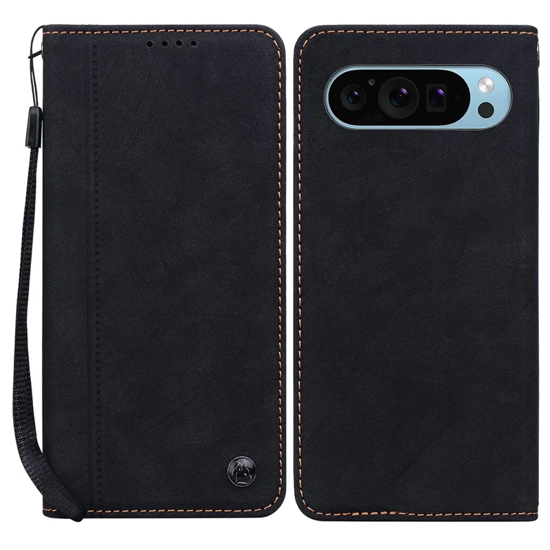 For Google Pixel 10 Pro XL / 9 Pro XL Case Lines Pattern Wallet Leather Phone Cover with Strap - Black