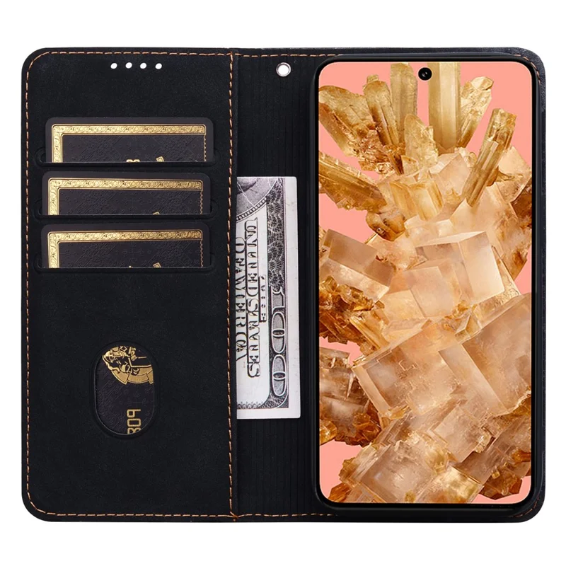 For Google Pixel 10 Pro XL / 9 Pro XL Case Lines Pattern Wallet Leather Phone Cover with Strap - Black