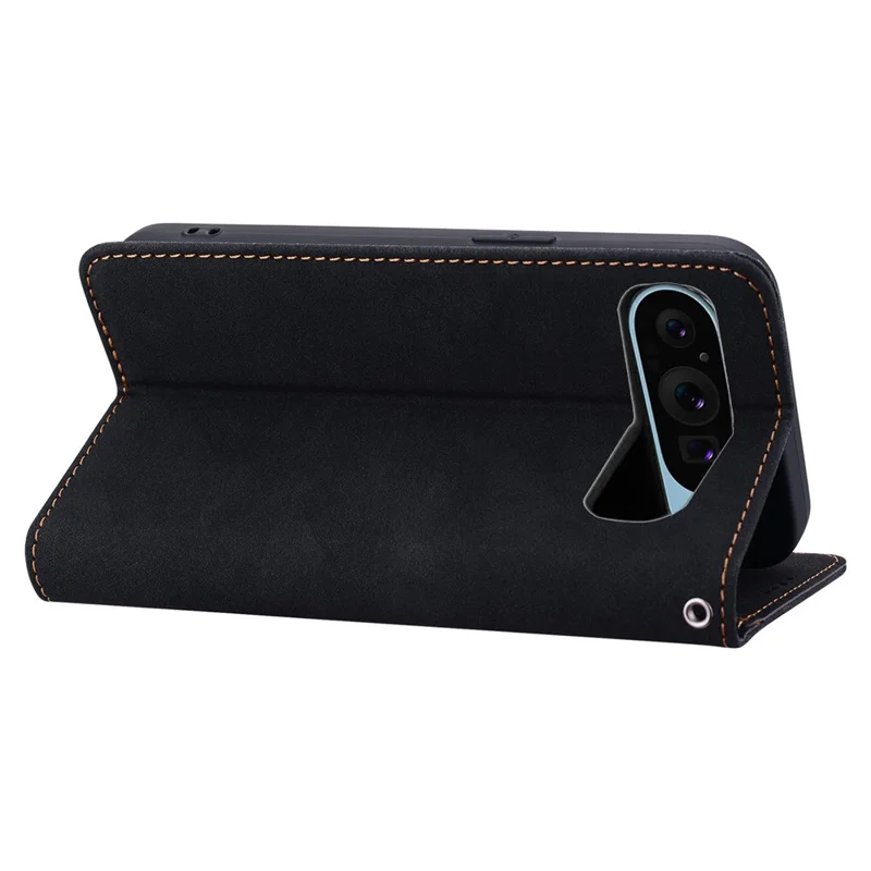 For Google Pixel 10 Pro XL / 9 Pro XL Case Lines Pattern Wallet Leather Phone Cover with Strap - Black