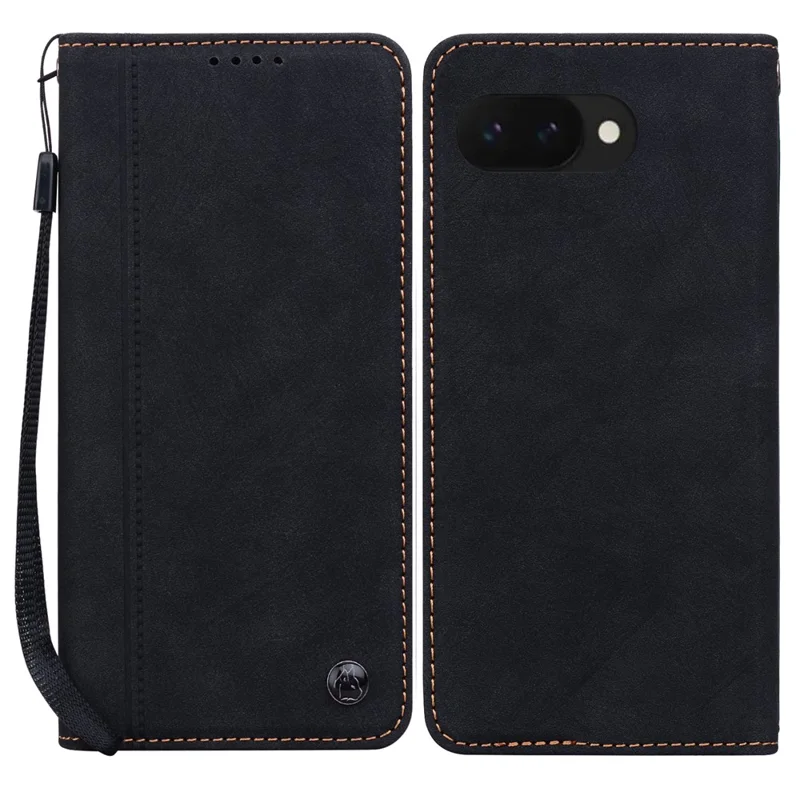For Google Pixel 9a Case Lines Pattern Wallet Leather Phone Cover with Strap - Black
