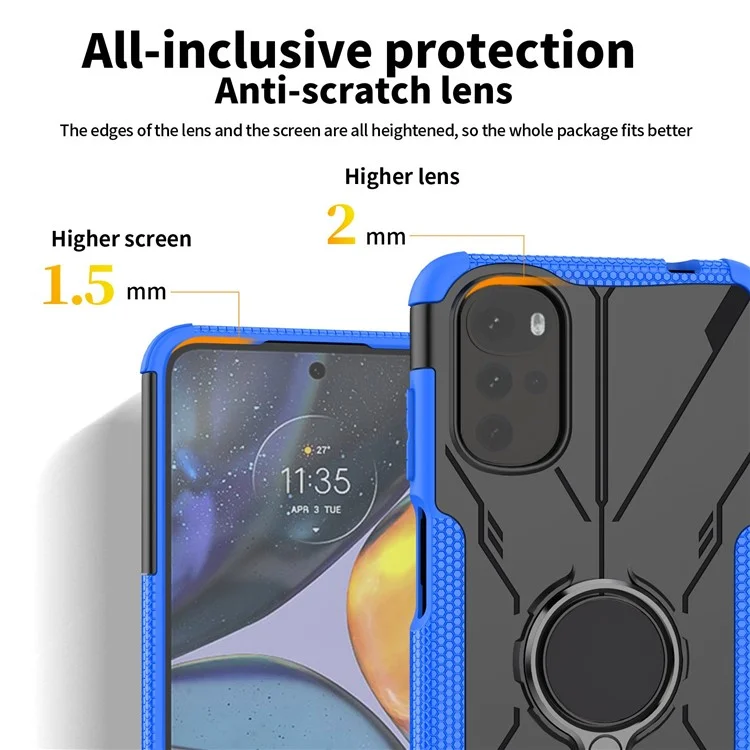 Anti-fall Phone Case For Motorola Moto E32 4G / G22, PC + TPU 2-in-1 Ring Kickstand Cell Phone Cover - Blue