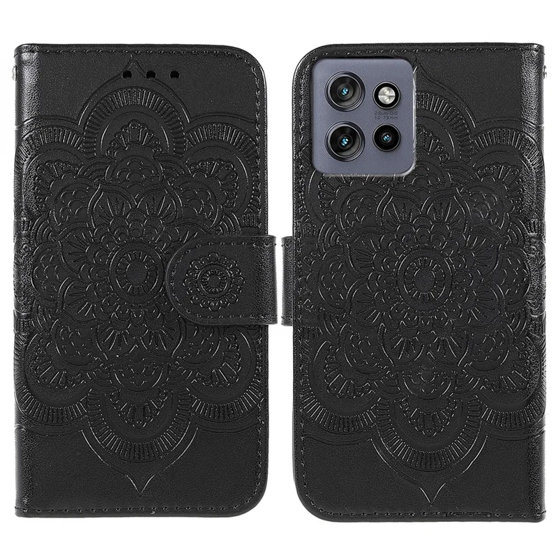 For Motorola Edge 50 Pro 5G / Edge 50 5G Case PU Leather Mandala Imprinted Design Wallet Phone Cover - Black