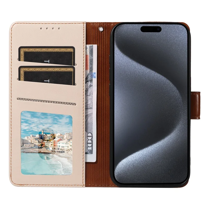 For iPhone 16e Hoesje RFID-blokkering Leer Portemonnee Flip Telefoonhoesje met Polsbandje - Oker