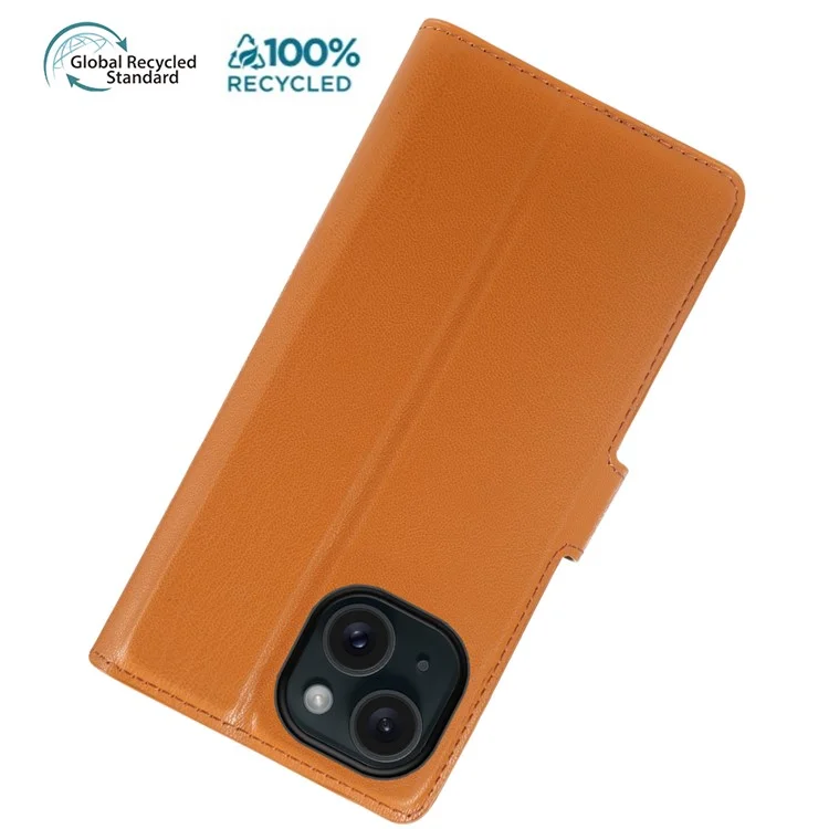 For iPhone 15 Stand Case Biobased Eco-Friendly RPET RPVB Slim Phone Cover with Wallet - Orange