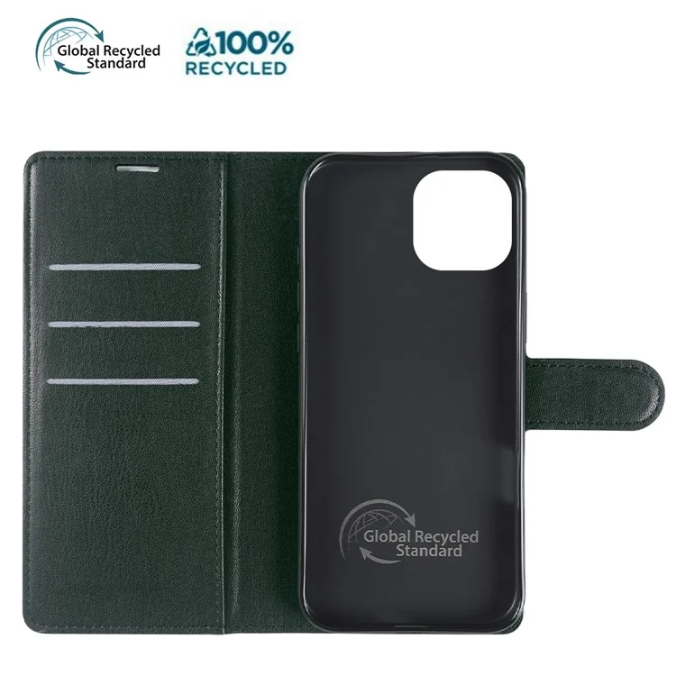 For iPhone 15 Stand Case Biobased Eco-Friendly RPET RPVB Slim Phone Cover with Wallet - Blackish Green