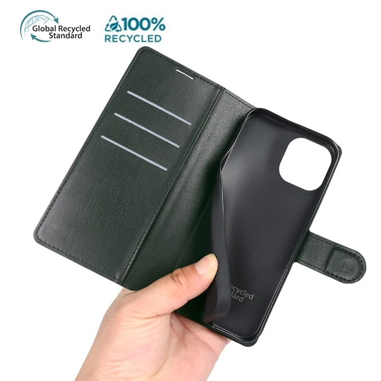 For iPhone 15 Stand Case Biobased Eco-Friendly RPET RPVB Slim Phone Cover with Wallet - Blackish Green