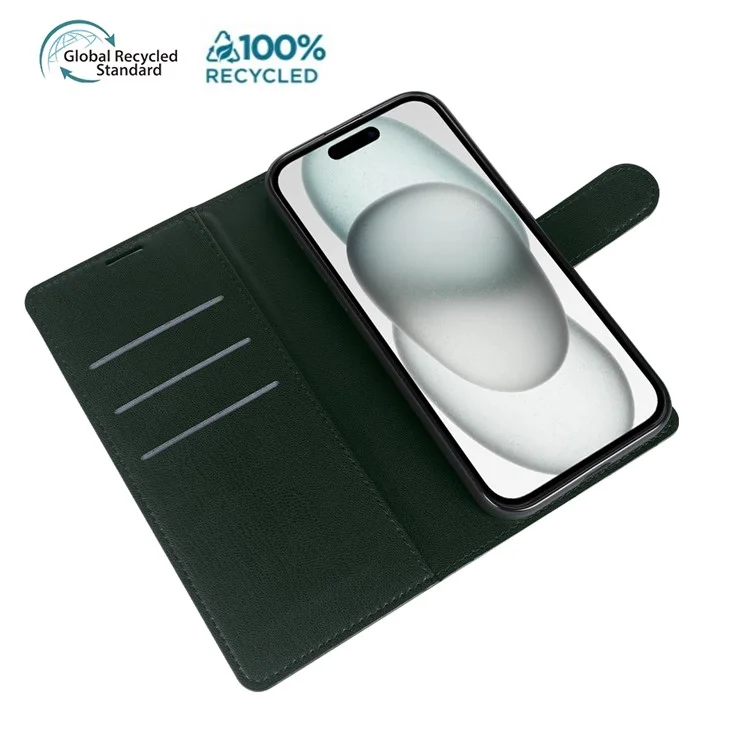 For iPhone 15 Stand Case Biobased Eco-Friendly RPET RPVB Slim Phone Cover with Wallet - Blackish Green