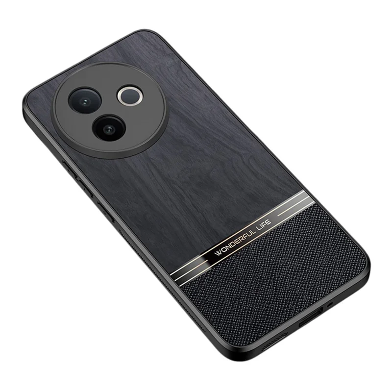 For vivo Y300i 5G Case Wood Texture Leather + TPU Protective Phone Cover - Black
