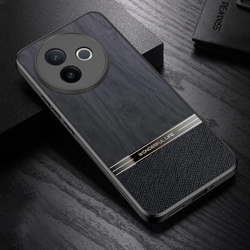 For vivo Y300i 5G Case Wood Texture Leather + TPU Protective Phone Cover - Black