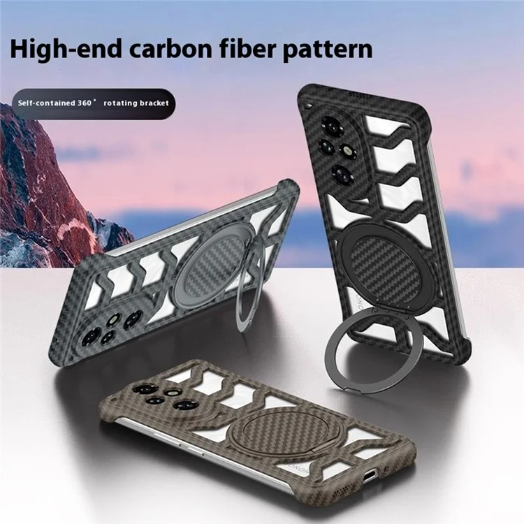 For Honor 200 Pro 5G Case with Kickstand Heat Dissipation Hard PC Phone Back Cover Carbon Fiber Texture - Black