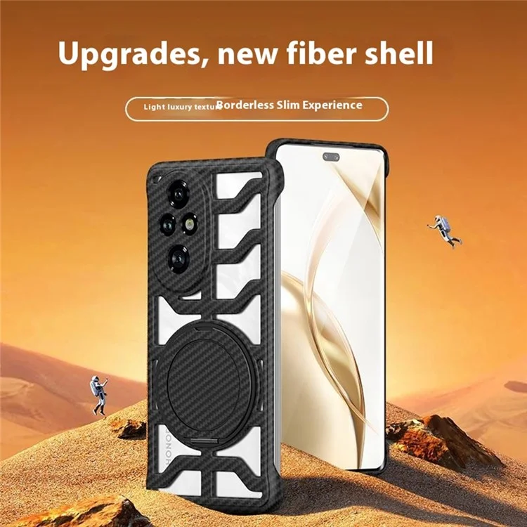 For Honor 200 Pro 5G Case with Kickstand Heat Dissipation Hard PC Phone Back Cover Carbon Fiber Texture - Black