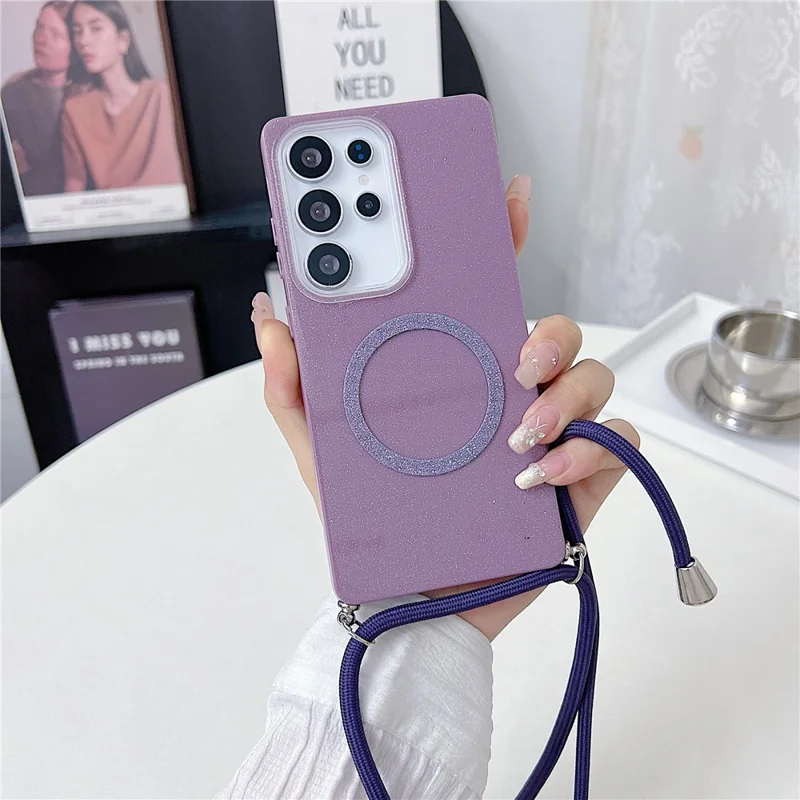 For Samsung Galaxy S25 Ultra Magnetic Case Glitter Design TPU + Acrylic Phone Back Cover with Lanyard - Purple