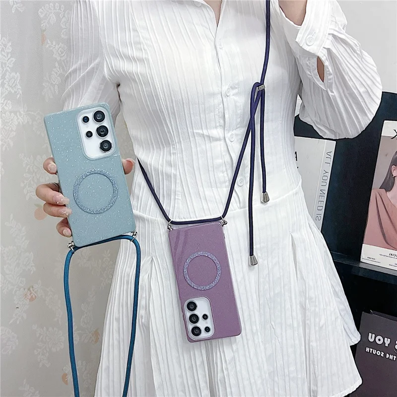 For Samsung Galaxy S25 Ultra Magnetic Case Glitter Design TPU + Acrylic Phone Back Cover with Lanyard - Purple