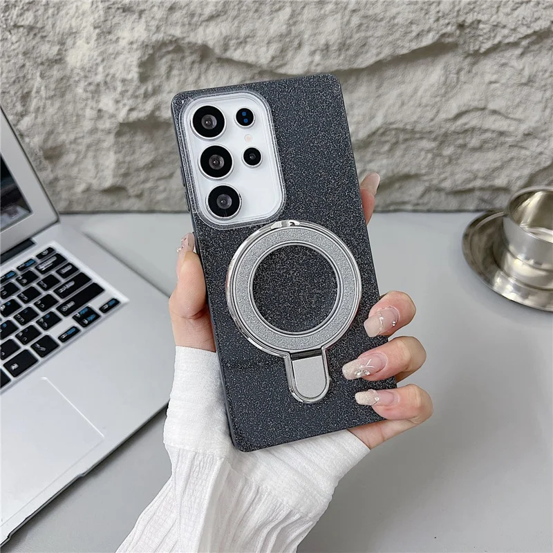 For Samsung Galaxy S25 Ultra Magnetic Case with Kickstand Glitter Design TPU + Acrylic Phone Back Cover - Black