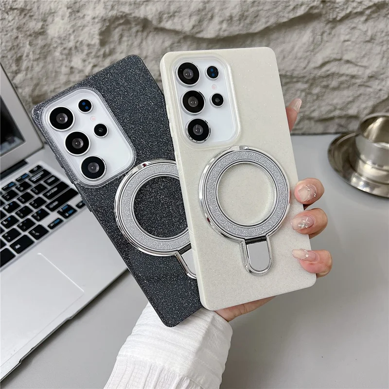 For Samsung Galaxy S25 Ultra Magnetic Case with Kickstand Glitter Design TPU + Acrylic Phone Back Cover - Black