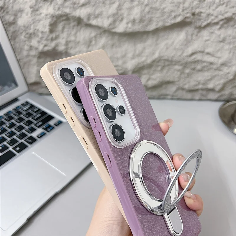 For Samsung Galaxy S25 Ultra Magnetic Case with Kickstand Glitter Design TPU + Acrylic Phone Back Cover - Black