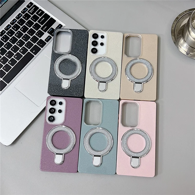 For Samsung Galaxy S25 Ultra Magnetic Case with Kickstand Glitter Design TPU + Acrylic Phone Back Cover - Black