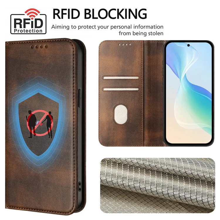 PT15 Для Samsung Galaxy A56 5G Кошелек-чехол Ретро Текстура RFID Блокировка Кожаный Чехол для Телефона - Коричневый