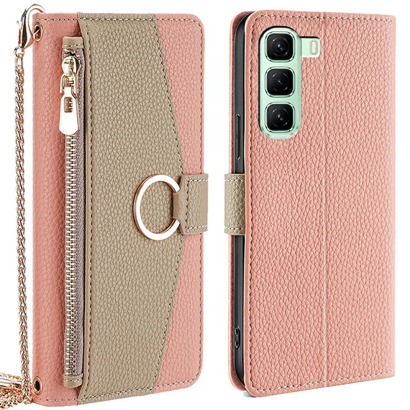 For Infinix Hot 50 5G Case Mirror Wallet Leather Phone Cover with Chain Shoulder Strap - Pink