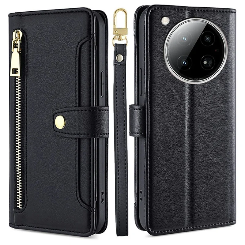 For Infinix Zero 40 4G Leather Case Zipper Pocket Wallet Phone Cover with 2 Straps - Black