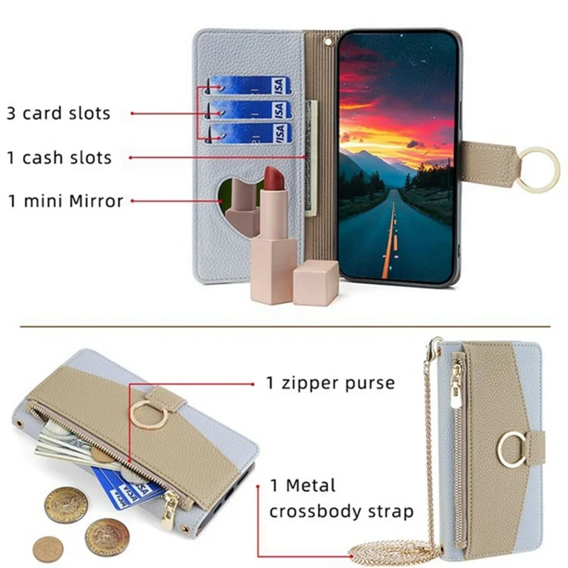 For itel A50C Case Mirror Wallet Leather Phone Cover with Chain Shoulder Strap - Blue