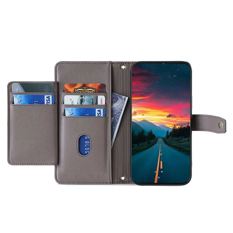 For itel A50C Leather Case Zipper Pocket Wallet Phone Cover with 2 Straps - Grey