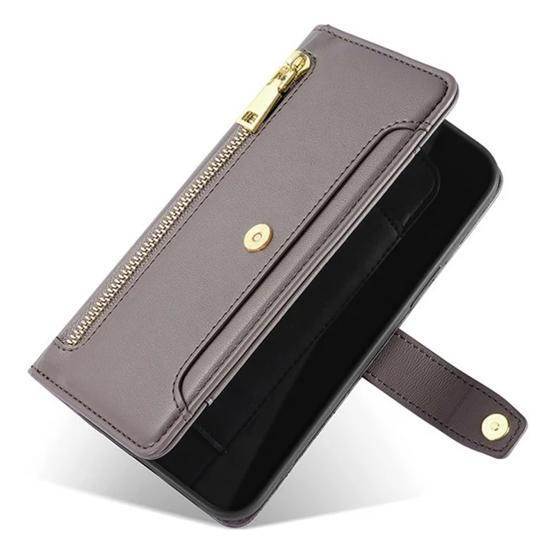 For itel A50C Leather Case Zipper Pocket Wallet Phone Cover with 2 Straps - Grey